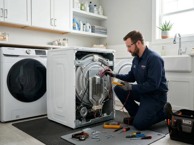 Appliance Repair Hero technician checking a dryer heating element with the rear panel off in Atlantic Highlands, NJ