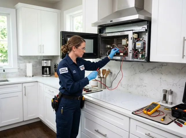 Appliance Repair Hero technician testing an over-the-range microwave in a Atlantic Highlands, NJ kitchen
