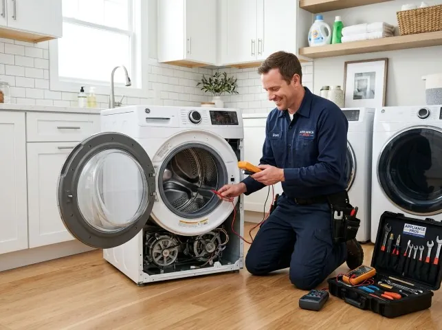 Appliance Repair Hero technician testing a front-load washer with a multimeter on a Atlantic Highlands, NJ service call